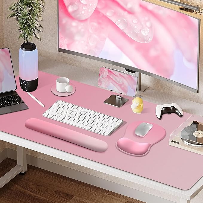 4-in-1 Large Gaming Mouse Pad Keyboard Wrist Rest Pad &amp Wrist Support Mousepad Set Extended Desk Pad Waterproof Desk Mat for Home Office Decor Study Game 35.4×15.7 Inches I Gradient Pink Blush