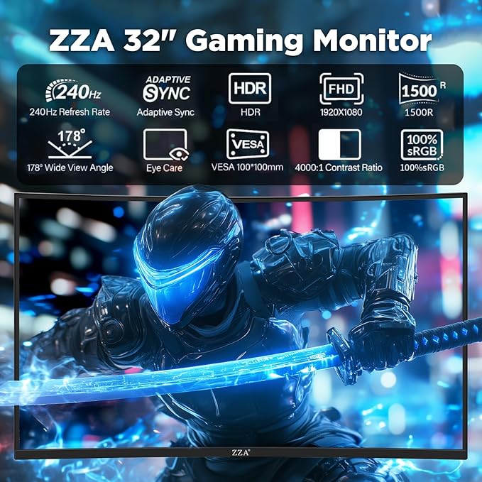 32 Inch Curved Gaming Monitor with 240Hz Refresh Rate 1ms GTG HDR600 1500R Curvature 1080P Resolution 122% sRGB FreeSync G-Sync Compatible DP and HDMI Ports VESA Mount for Competitive Gamers