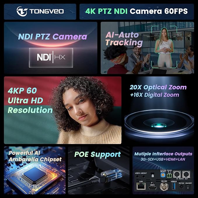 4K NDI PTZ Camera 60FPS 4KP60 AI Auto-Tracking 20X Optical Zoom Video Conference Camera 1/1.8 UHD CMOS 8.42MP with USB 3G-SDI HDMI LAN Outputs POE Live Streaming for Church Worship Conference Events
