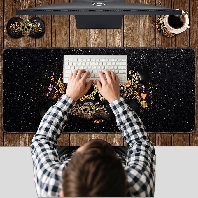 Ergonomic Keyboard Wrist Rest &amp Mouse Pad Wrist Rest SetXL Gaming Desk Mat 31.5x 11.8Non-Slip BaseMemory FoamEasy Typing Pain Relief for Office &amp HomeFloral Skull on Starry