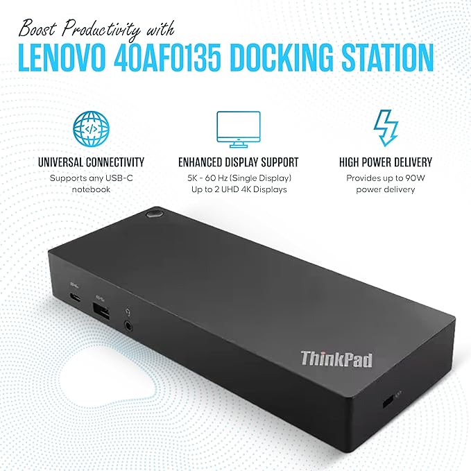 40AF0135US Lenovo Docking Station Dual Monitor Hybrid USB-C with USB-A - Thinkpad Dock with 135W Adap TER HDMI DisplayPort USB C Cable &amp Cleaning Cloth - Thinkpad Docking Station