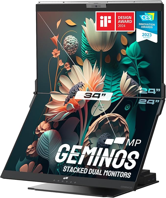 Mobile Pixels Geminos 2 x 24 inch FHD Stacked Computer Monitor with All-inclusive Dual Vertical Monitors 100W USB-C Charging 1080P Webcam&ampSpeakers HDMI/USB-A/USB-C Height Adjustable (2 Monitor