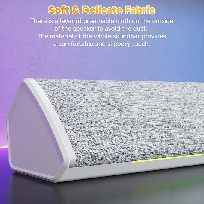 SOULION Computer Speakers USB-Powered Bluetooth PC Soundbar with Dynamic RGB LED Lights Surround Sound for Desktop Laptop Office Work Music &amp Gaming White (USB-C to USB Adapter Included)
