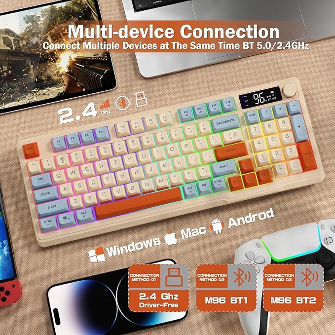 ZIYOU LANG M96 Wireless Gaming Silent Membrane KeyboardDisplay Screen &amp Knob with Multimedia Keys Dual Mode Bluetooth/2.4GhzRainbow Backlight 94Keys Ball Shape PBT Keycap ANSI Layout for Win/Mac