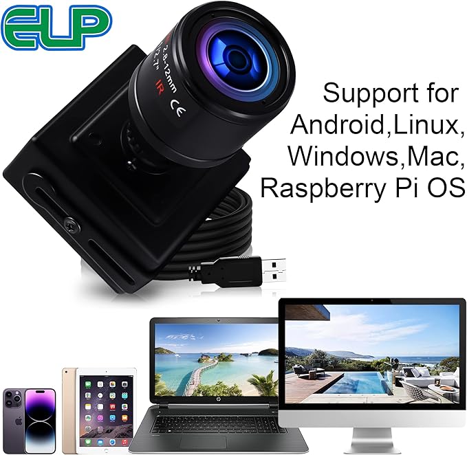ELP Sony IMX323 Sensor Low Light Mini USB Camera with Microphone Manual Zoom 2.8-12mm Lens H.264 0.01LUX UVC USB2.0 Video Webcam Home Surveillance PC Camera for Laptop Computer Raspberry Pi