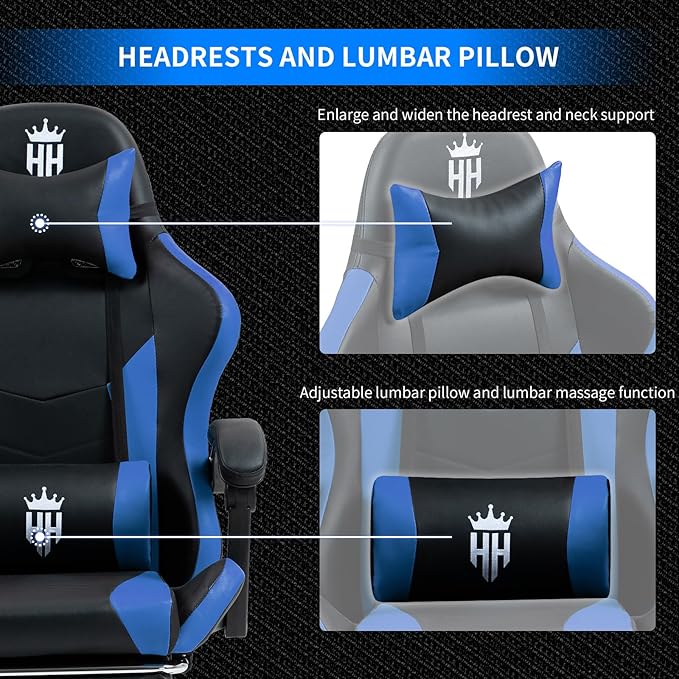 Gaming Chair with Footrest Ergonomic Computer Chair for Adult Adjustable Headrest Lumbar Pillow Large Size Reclining Gaming Chair Big and Tall with Linkage Armrest for Home Office Gaming (Blue)