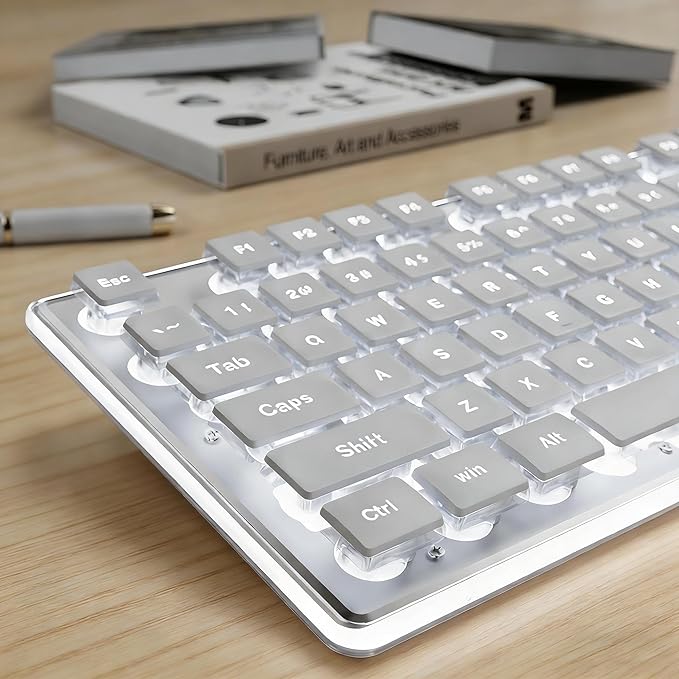 EWEADN GX710S Backlit Computer Keyboards Wired USB Keyboard with White Backlit Metal Panel Plug and Play Pudding Keycaps Full Size Quite Computer Keyboard for Win/PC/Laptop-White