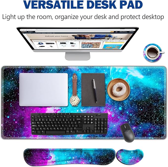 AIMSA Large Gaming Mouse Pad Set Keyboard Wrist Rest Support Mouse Pad Ergonomic Memory Foam Multifunctional Extended Desk Mat 35x15.7in Anti-Slip Rubber Base Galaxy Nebula Universe