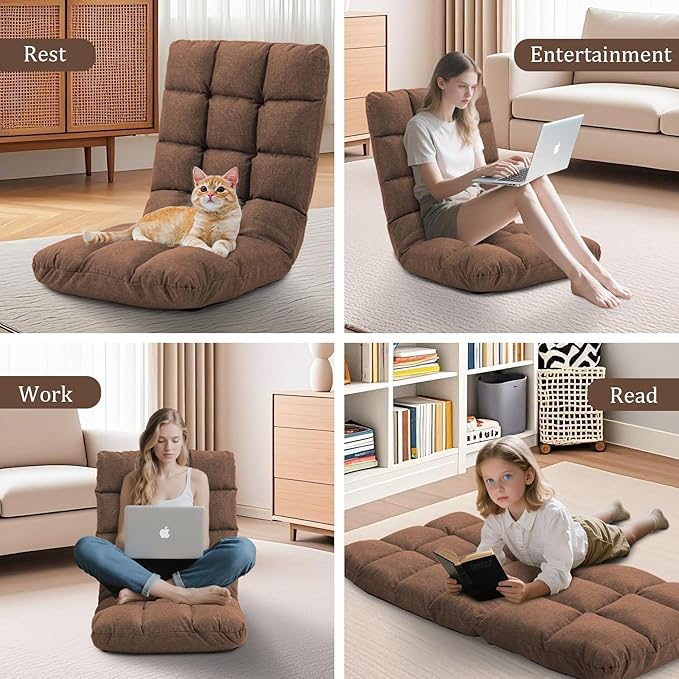 Folding Floor Gaming Chair with Back Support 14-Position Adjustable Recliner - Padded Cushion with Breathable Linen &amp Cotton Blend for Adults &amp Kids Perfect for Gaming Reading &amp Meditat