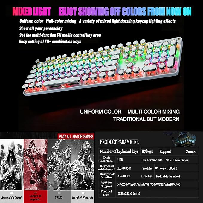 Typewriter Style Mechanical Gaming Keyboard LED Backlit Wired with Blue Switch Retro Round Keycap 104 Keys Keyboard (White 104 Keys LED)