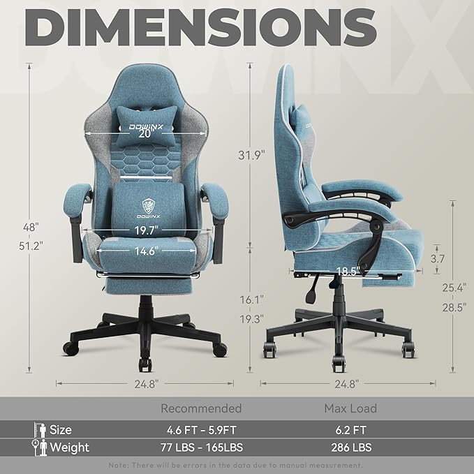 Dowinx Gaming Chair Fabric with Pocket Spring Cushion Massage Game Chair Cloth with Headrest Ergonomic Computer Chair with Footrest 290LBS Blue and Grey