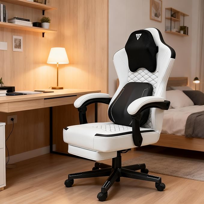 Cute Gaming Chair with Cat Paw Lumbar Cushion and Cat Ears Kawaii Pink Computer Chair with Footrest Ergonomic PC Video Anime Gaming Chairs Recliner for Kids Girls Teens (White)