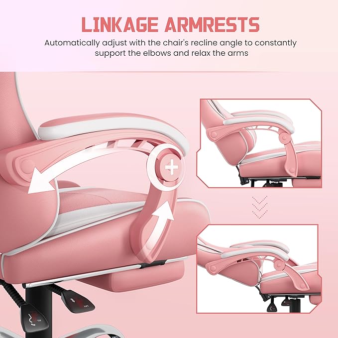 Yaheetech Gaming Chair Video Game Chair with Massage Lumbar Support and Footrest Height Adjustable Ergonomic Computer Chair with Swivel Seat and Headrest Pink/White