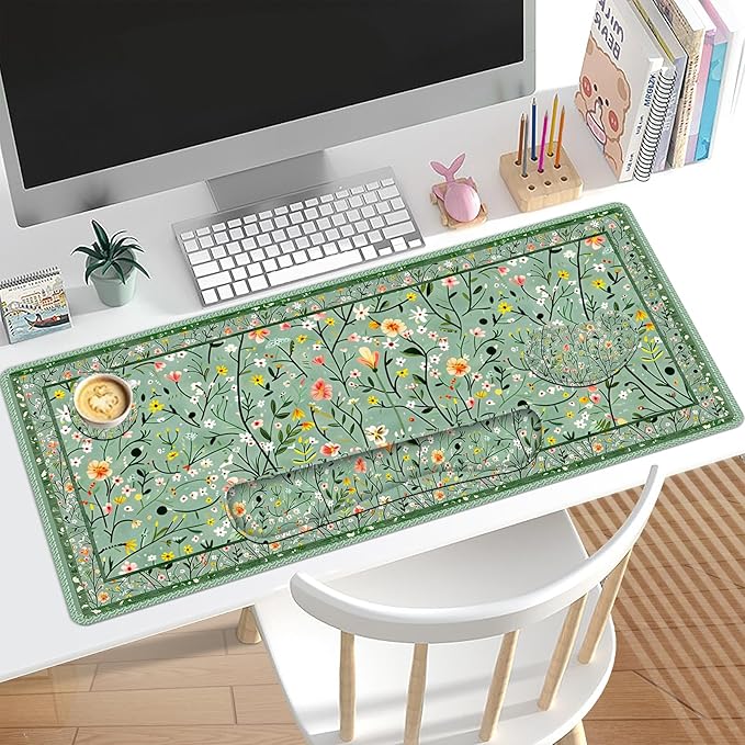 Floral Desk Mat 4in1 Large Mouse Pad with Wrist Rest Anti-Slip Desk Pad for Desktop XXL Ergonomic Mousepad with Wrist Support for Keyboard and Mouse Green Art Flowers
