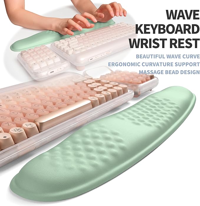 2-in-1 Ergonomic Set Wave Keyboard Wrist Rest and Massage Slope Mouse Pad Wrist Support Rebound Memory Foam for Relieve Carpal Tunnel Syndrome and Wrist Pain (Light Green)