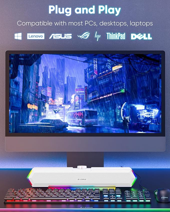 LENRUE G11 Computer Speakers for Desktop Touch Lights PC Speakers with Surge Clear Sound USB C/USB Powered for Computer Desktop PC Laptop Monitor (White)