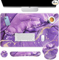 Arttown Purple Gold Marble Desk Mat Abstract Marble Mouse Pad Set 4 in 1 Ergonomic Design Large Mousepad + Keyboard Wrist Rest + Mouse Wrist Rest + Coaster Suitable for Home Office Study Game
