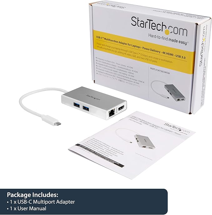 StarTech.com USB-C Multiport Adapter - USB-C Travel Docking Station w/ 4K HDMI - 60W Power Delivery Pass-Through GbE 2pt USB-A 3.0 Hub - Portable Mini USB Type-C Dock for Laptop - White TAA
