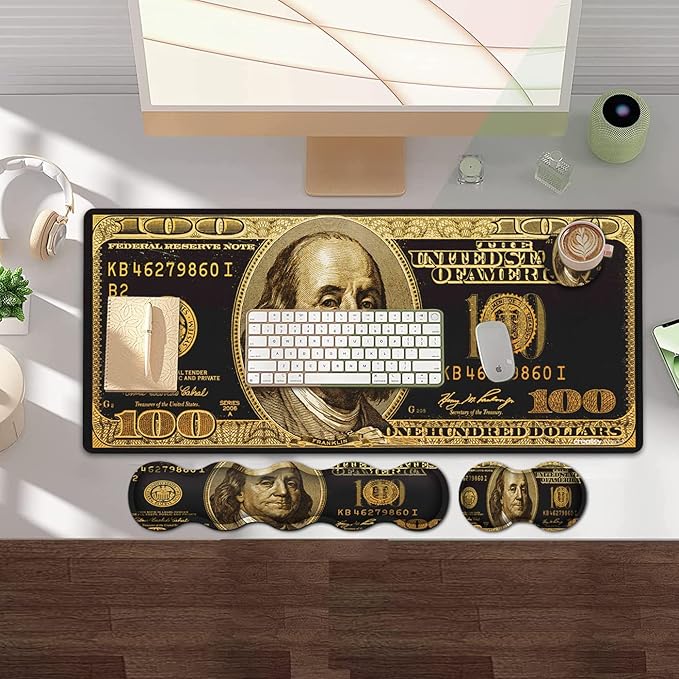 Gaming Mouse Pad and Keyboard Wrist Rest Large Extended Mouse Pad 31.5X 11.8Ergonomic Memory Foam Wrist Rest + Desk Mat Protectorfor Office/Home Writing Pad Black Gold Dollars/Bills Mousepad