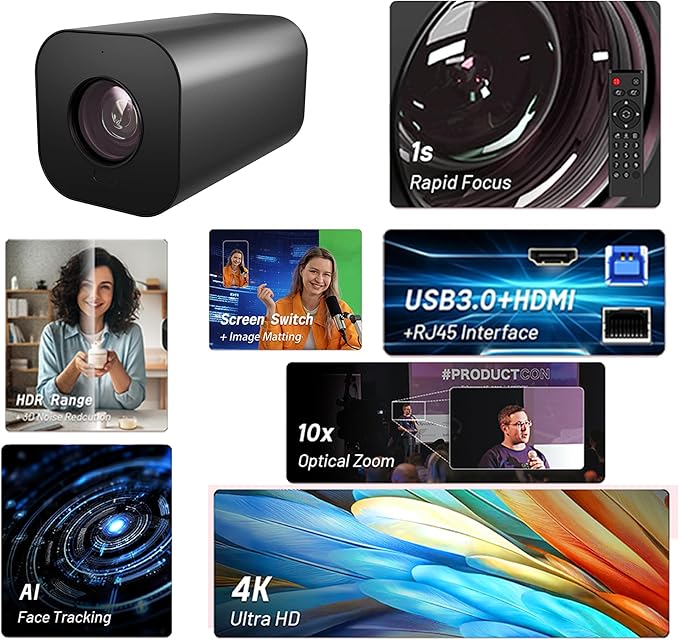4K PTZ Webcam Live Streaming Camera with 10X Optical Zoom Al Face Tracking Autofocus HDR USB/HDMI/RJ45 Outputs for Video Conferencing Live Streaming Zoom &ampTeams Vertical &amp Horizontal Sw