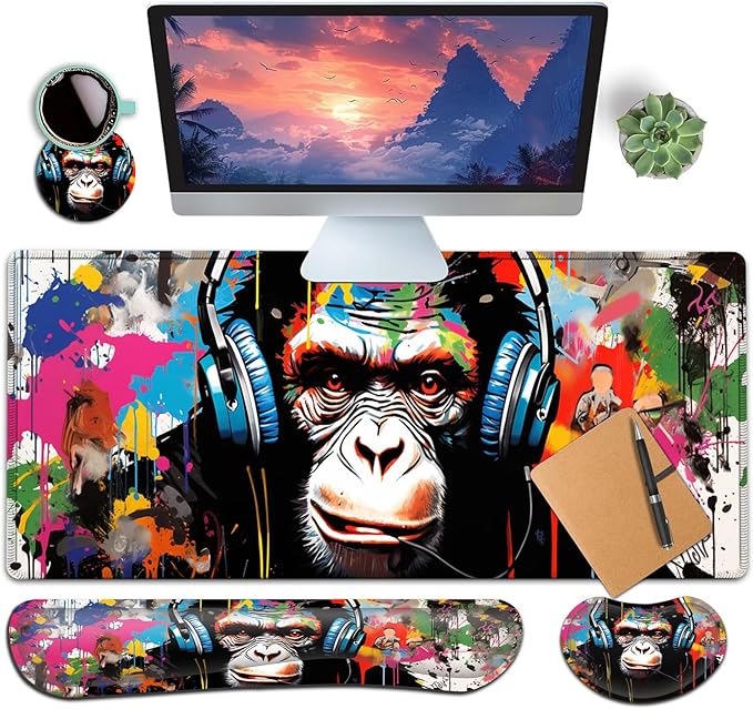 Large Gaming Mouse Pad+ Keyboard Wrist Rest Set Ergonomics Memory Foam Mouse Mat Wrist Rest Support Waterproof Extended Mousepad 31.5x11.8in Gorilla Painted Headphones Desk Pad