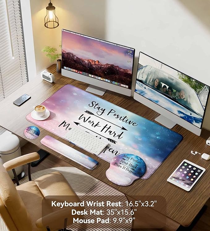 Desk Mat Set + Keyboard and Mouse Pad with Wrist Rest Support4-in-1 Large Mousepad Computer Mats for Desktop Home &amp Office-Glitter Pink Blue