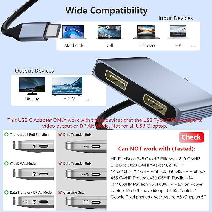 DisplayPort Splitter for Dual Monitors 4K@60Hz USB-C to DisplayPort Adapter Type-C Docking Station for Dell/HP/Mac Display Port MST Hub with USB3.0/PD Display Port Splitter for Dual Monitors