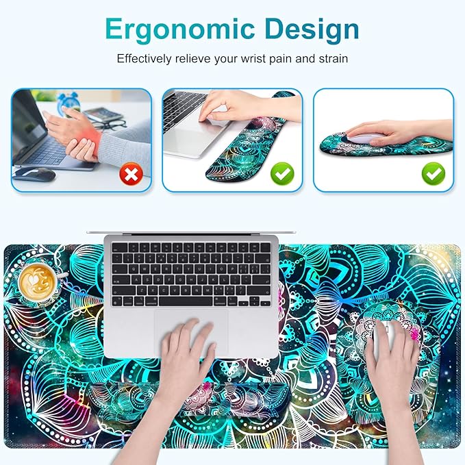 Large Mouse Pad with Wrist Support 4 in1 Set XXL Big Game Mousepad + Keyboard Wrist Rest+Mouse Wrist Rest+Coaster Ergonomic Gaming Mat for Home Office Table Computer I Nice Green Mandala