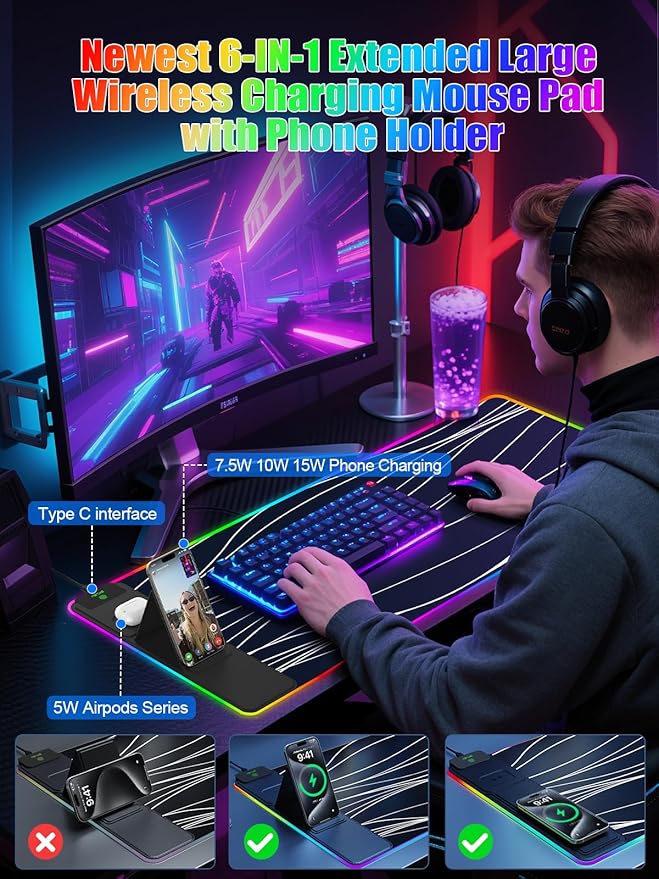 Mouse Pad with Foldable Phone Holder &amp Wireless Charger XXL RGB Gaming Mousepad 31.5x15.8 Large Desk Mat for Keyboard Black Desk Pad with Dual Qi Charging Station | 11 Colors 5 Modes | Waterpr