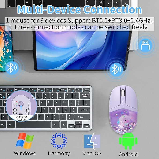 Wireless Mouse with Liquid Quicksand Sequins 2.4GHz &amp Bluetooth Dual Mode Rechargeable Silent Cute Aqua Mouse with LED Light Portable Water Mice for Laptop PC Tablet MacBook Kids Adults Gift (Purp