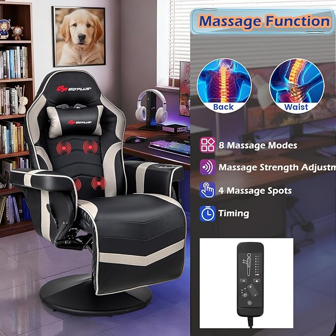 POWERSTONE Gaming Recliner Adjustable Massage Gaming Chair with Cup Holder Footrest Ergonomic Single Sofa Living Room Home Theater Seating with Side Pouch (Grey)