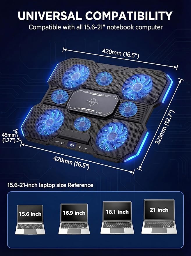 8-Fan Laptop Cooling Pad with Thermoelectric Cooler 5-Speed Independent Control 10 RGB Lights 7-Height Adjustable Metal Panel Laptop Cooler for 15.6-21 Inch Gaming Laptops