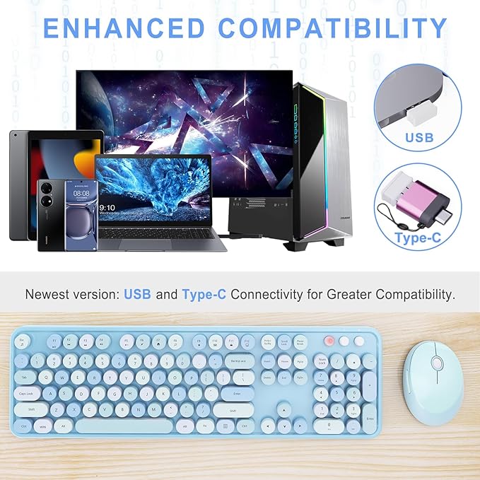 Wireless Keyboard and Mouse Combo Ergonomic Full Size Typewriter Retro Round Keycaps Keyboard Compatible with Windows PC Perfer for Home and Office Keyboards (Blue