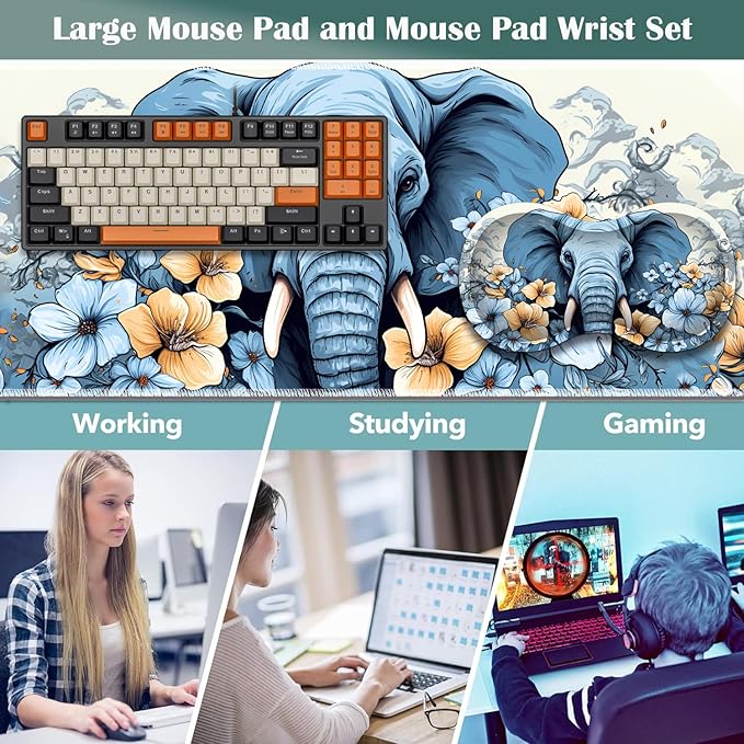 Large Game Mouse Pad + Wrist Support Pad + Coffee Coaster Desk Pad with Sewn Edges Anti-Slip Set pad Suitable for Office Work and Home - Elephant Blue Flowery