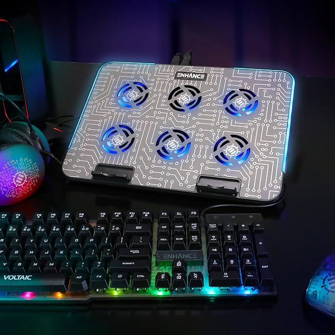 ENHANCE Gaming Voltaic 2 Laptop Cooling Stand - Laptop Cooling Pad with 6 Blue LED Fans 7 Height Settings RGB Lighting - Metal Top Cooler Pad with Phone Stand 2 USB Ports for up to 17 inches