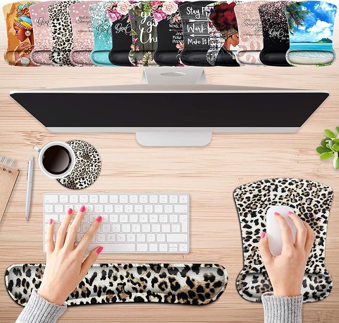 Keyboard Wrist Rest Pad and Ergonomic Mouse Pad Wrist Support Set Leopard for Gaming Office Comfortable and Pain Relief with Coaster Set
