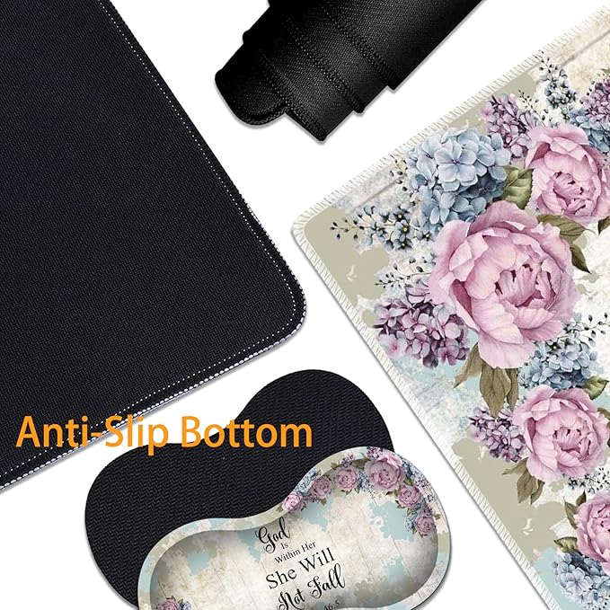 3-in-1 Large Mouse Pad Gaming Set (31.5 x 11.8 inch)+ Wrist Rest Pad + Coaster Memory Foam Gel Wrist Rest Pad for Pain Relief Stitched Edges Non-Slip Table Mat Psalm 46:5 Floral