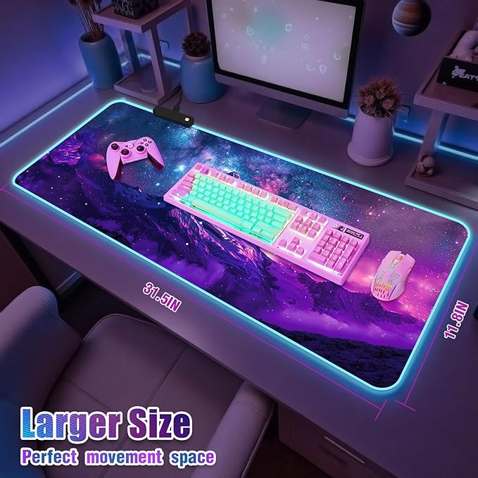 RGB Mouse Pad Led Desk Mat I 31.5 x 11.8 Inch Large Mouse Pad I XL Oversized Big Mouse mat 14 Led Light Modes I Anti-Slip Rubber Base Waterproof Keyboard Pad for PC Gaming I Starry Mountains