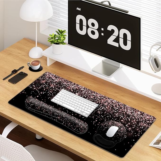 Large Mouse Pad Ergonomic Mouse Pad with Wrist Rest and Keyboard Wrist Rest 4 in 1 Set 31.5 x11.8 inch Extended Desk Pad for Home Office Rose Gold Gradient Gilt Pattern XXL Black Gaming Mouse Mat