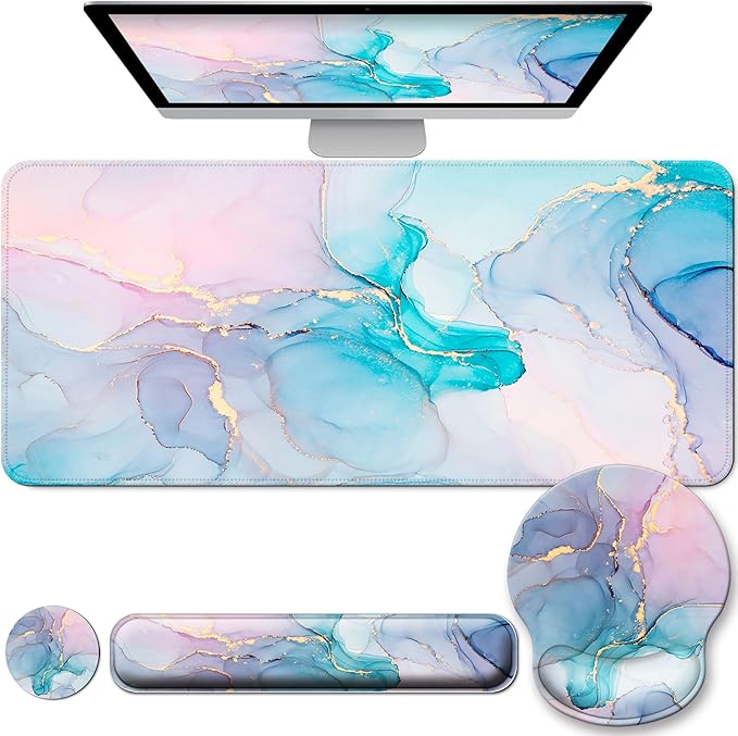 Desk Mat Set + Keyboard and Mouse Pad with Wrist Rest Support4-in-1 Large Mousepad Computer Mats for Desktop Home &amp Office-Golden Blue Marble