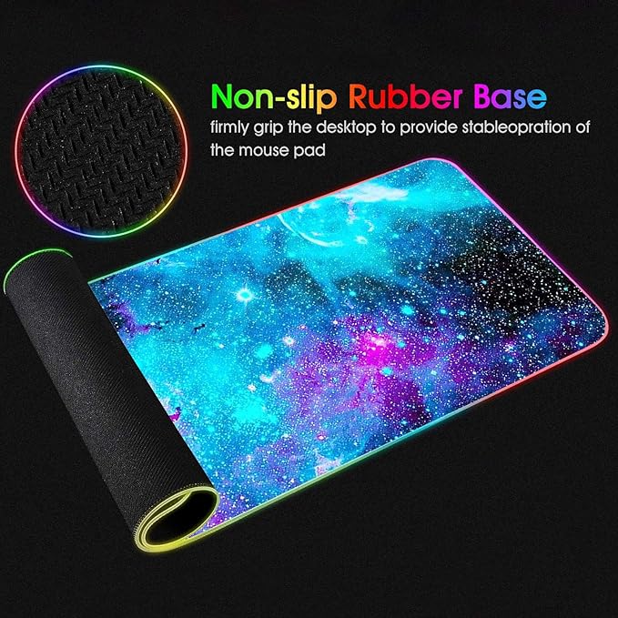 RGB Gaming Mouse Pad with Coffee Coaster XXL Large Glowing LED Mousepad Anti-Slip Rubber Base Computer Keyboard Desk Mouse Mat 31.5 X 11.8 Inch - Blue Galaxy Nebula Universe Space