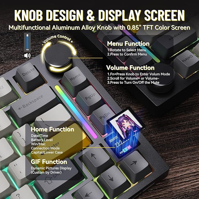 ATTACK SHARK X820ULTRA Wireless Gaming Mechanical Keyboard with TFT Smart Display&ampKnobPBT KeycapsGasket Mounted 75% TKL KeyboardBT5.0/2.4GHz/USB-CRGB Backlit for PC（Starry Black Shark Switch）