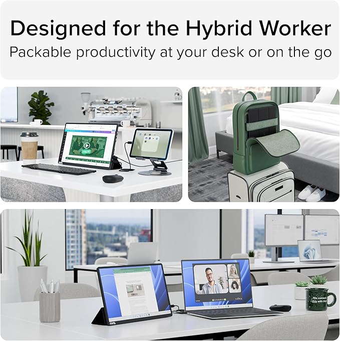Plugable 15.6 USB-C Portable Monitor with 100W Pass-Through Charging | 2X USB-C 10Gbps Hub | FHD 1920x1080 IPS Display for Mac Windows iPad Smartphone | 1.85lbs Travel Cover/Stand Included