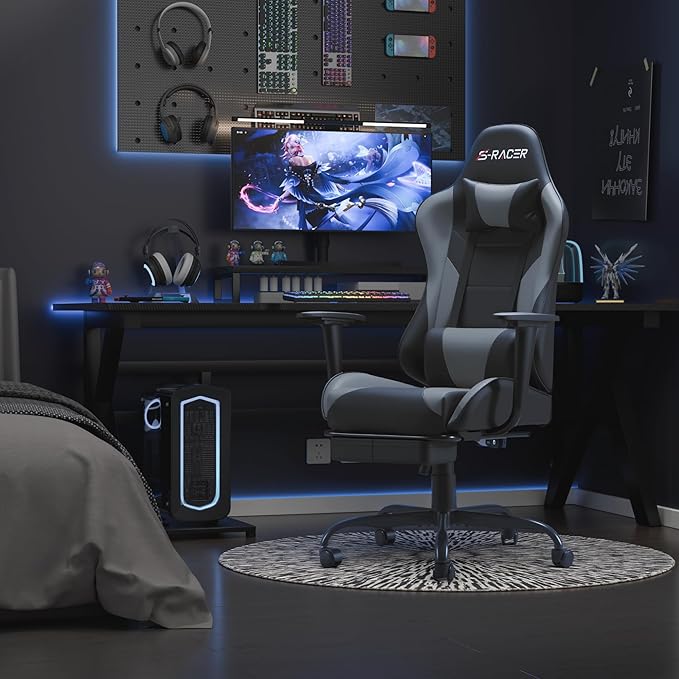 Homall Gaming Chairs Computer Chair with Footrest and Massage Lumbar Support Height Adjustable Game Chair with Headrest and Swivel Seat (Light Grey)