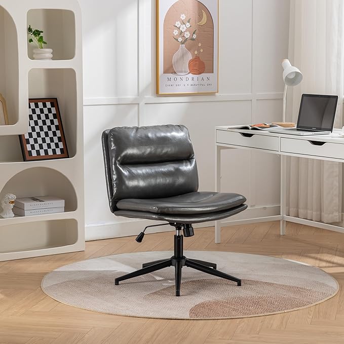 Adjustable Swivel Criss Cross Chair with Wheels Wide Seat Office Chair with PU Leather Computer Desk Chair with Ergonomic Support Modern Vanity Chair for Home &amp WorkspaceGray
