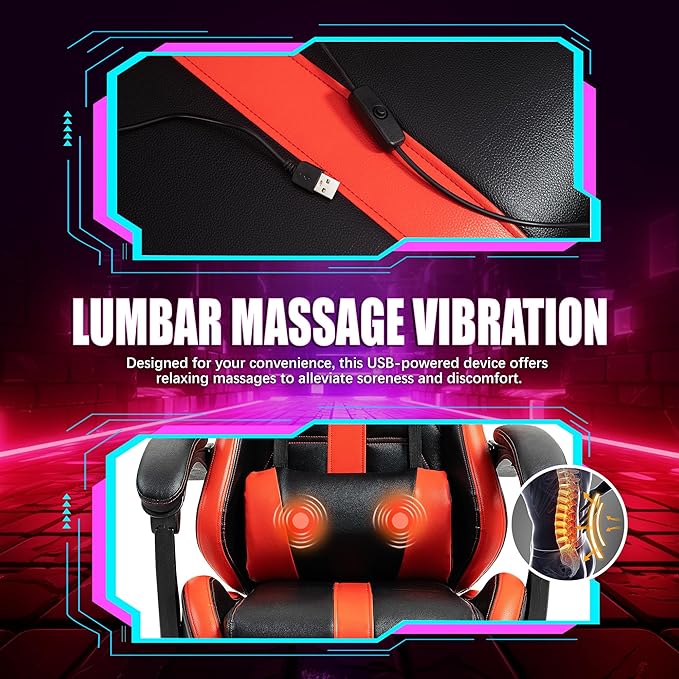 Massage Gaming Chair w/Footrest Ergonomic High Back PC Chair w/Headrest and Lumbar PU Swivel Home Desk Office Chair Red