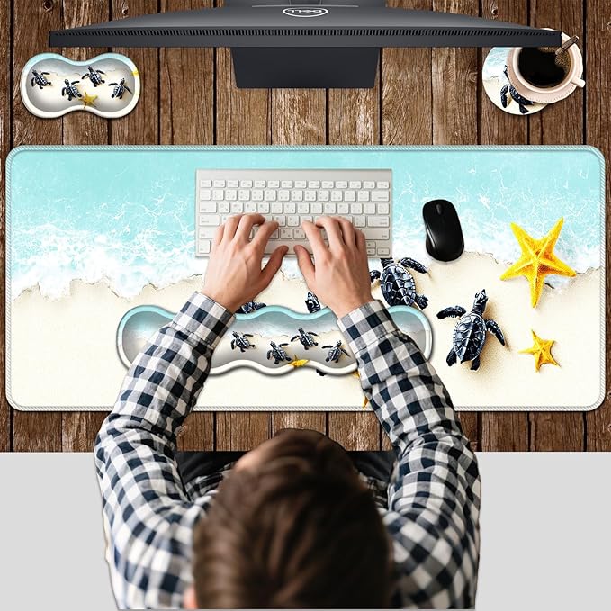 Ergonomic Keyboard Wrist Rest &amp Mouse Pad Wrist Rest SetXL Gaming Desk Mat 31.5x 11.8Non-Slip BaseMemory FoamEasy Typing Pain Relief for Office &amp HomeBaby Sea Turtles and Starfish