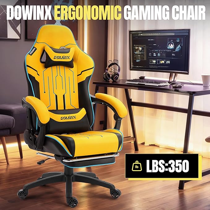 Dowinx Gaming Chair Big and Tall 350LBS Heavy Duty PC Gaming Chair with Massage &amp Footrest Ergonomic Reclining Gamer Chair with Embroidered Esports Design Yellow