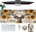 Large Mouse Pad Set Desk Mat + Elbow Rest Pad + Coaster Easy Typing Pain Relief Ergonomic Arm Rest Pad with Memory Foam Extended Desk Pad Anti-Slip Rubber Base for Office Home Wood Sunflower Deer