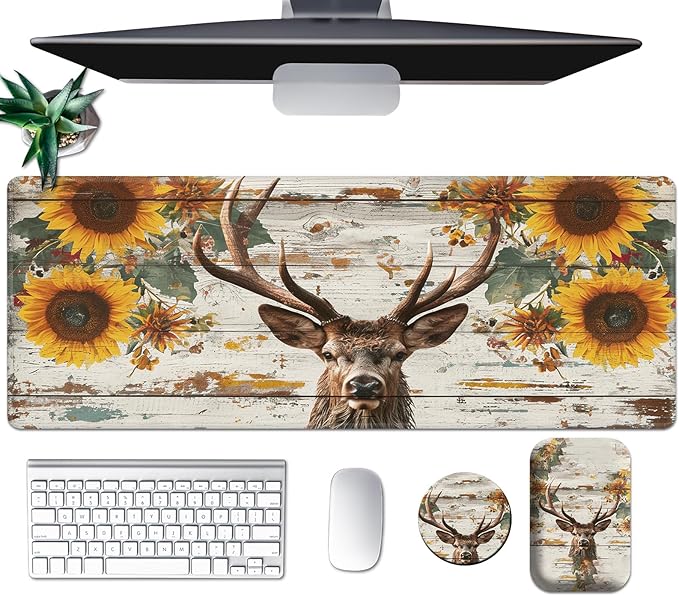 Large Mouse Pad Set Desk Mat + Elbow Rest Pad + Coaster Easy Typing Pain Relief Ergonomic Arm Rest Pad with Memory Foam Extended Desk Pad Anti-Slip Rubber Base for Office Home Wood Sunflower Deer